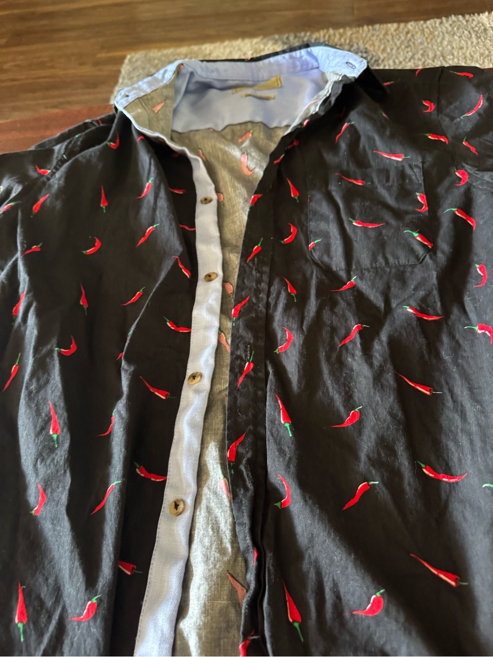 Black Button-Up Shirt with Red Chili Pepper Print (a2-05)